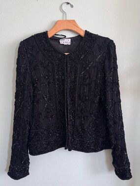 Vintage Black Silk Jacket with Delicate Beaded Trim